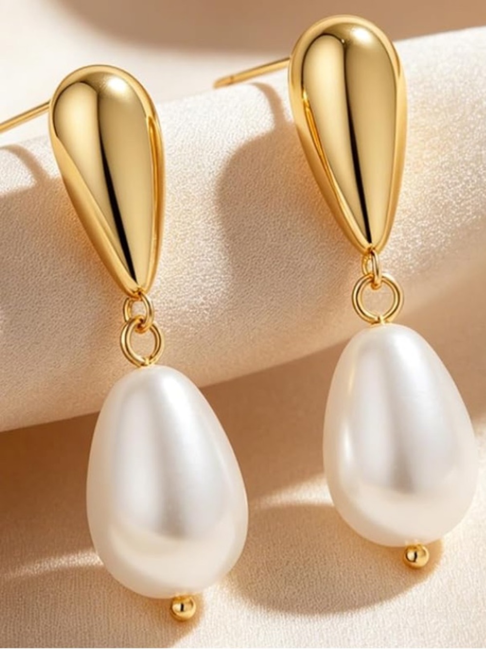 Anthropologie Gold Plated Teardrop & White Pearl Dangle Earrings